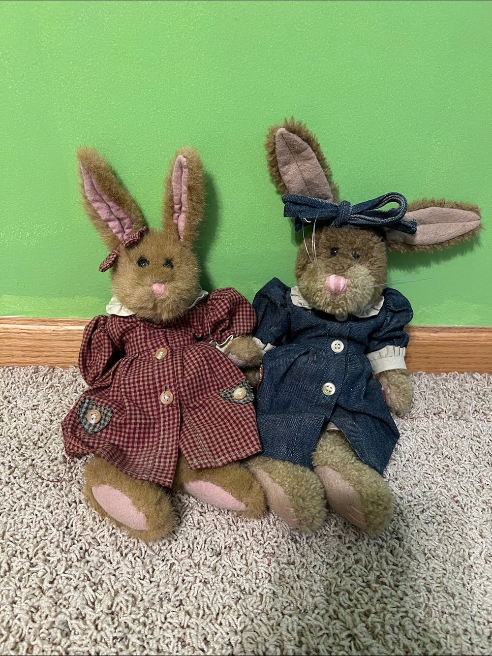 Pair of Plush Bunny Dolls in Brown with Red Plaid and Navy Dresses